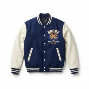 Navy varsity jacket with tiger badge