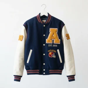 Navy varsity jacket with chenille letter and patches