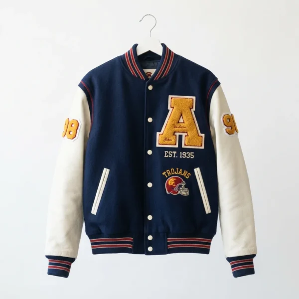 Custom Varsity Jacket – Navy Chenille A with Patches Navy varsity jacket with chenille letter and patches