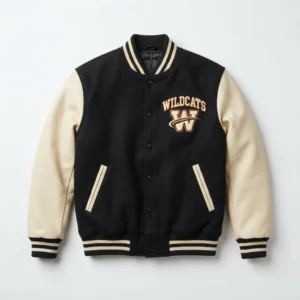 Black varsity jacket with script lettering