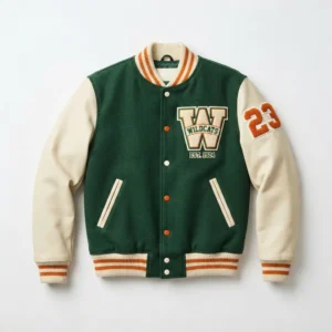 Green varsity jacket with chenille letter