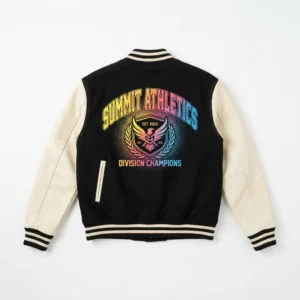 Black varsity jacket with rainbow champions print