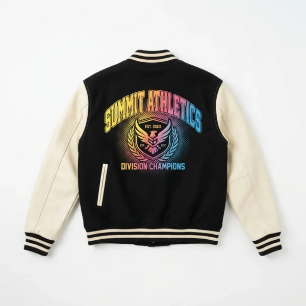Black varsity jacket with rainbow champions print