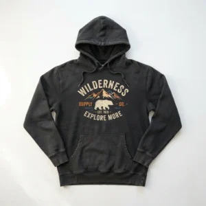 Custom Vintage Washed Hoodie – Charcoal Wilderness Bear Vintage washed charcoal hoodie with bear print