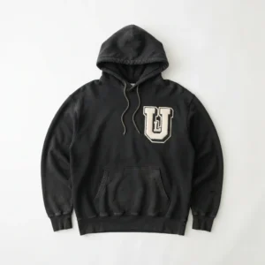 Custom Vintage Washed Hoodie – Black Chenille Letter Washed black hoodie with chenille letter