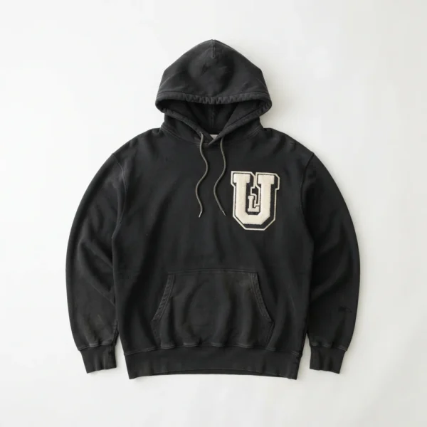 Washed black hoodie with chenille letter