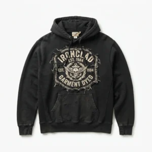 Custom Vintage Washed Hoodie – Black Garment Dyed Badge Garment dyed black hoodie with vintage badge