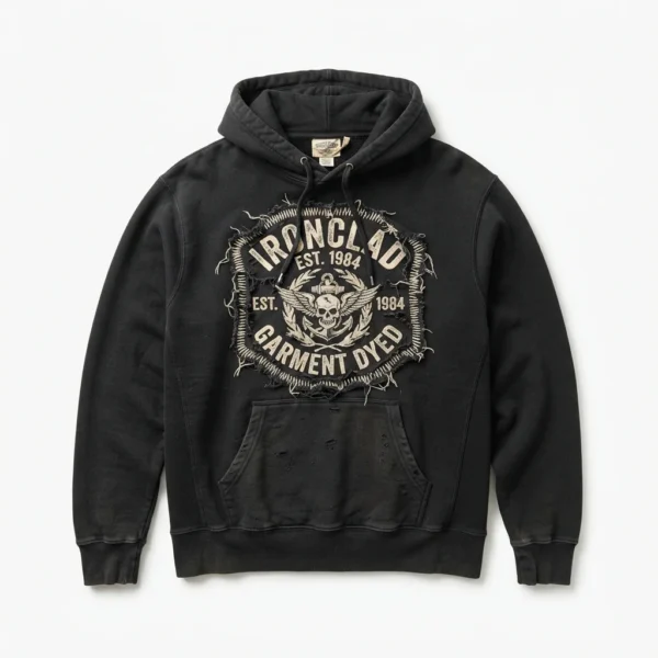 Garment dyed black hoodie with vintage badge