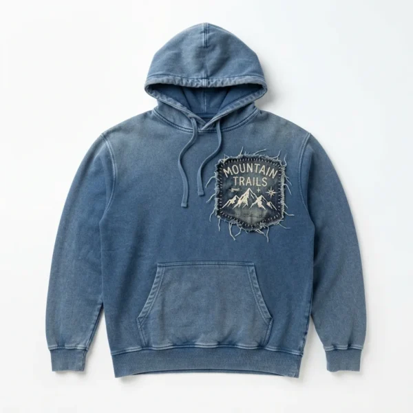 Washed denim blue hoodie with mountain print