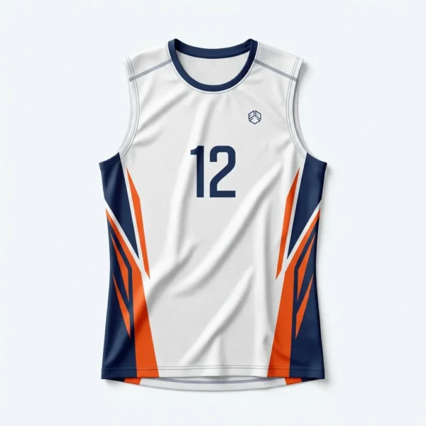 Custom Volleyball Jersey – White Sleeveless with Orange Panels White sleeveless volleyball jersey with orange panels