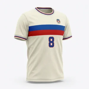 Custom Volleyball Jersey – Cream with Blue & Red Band Cream volleyball jersey with blue and red band