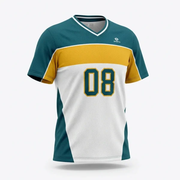 Custom Volleyball Jersey – Teal & Gold Band Numbered Teal and gold band volleyball jersey