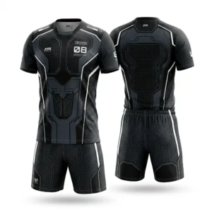 Custom Volleyball Uniform – Black Tech Panel Set Black tech panel volleyball uniform front and back