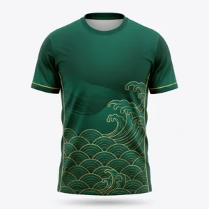 Green volleyball jersey with gold wave print