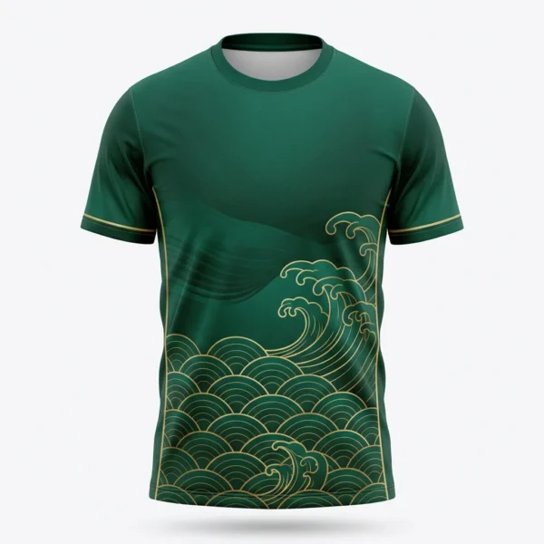 Custom Volleyball Jersey – Green Gold Wave Green volleyball jersey with gold wave print