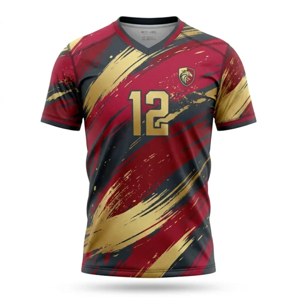 Custom Volleyball Jersey – Maroon Gold Brush Numbered Maroon and gold numbered volleyball jersey