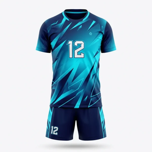 Cyan and navy numbered volleyball uniform