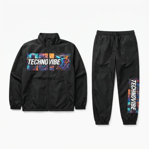 Black windbreaker set with graphic prints