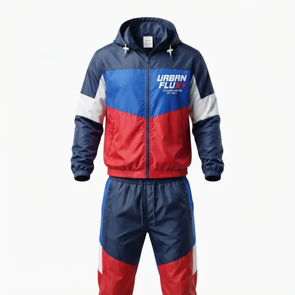 Blue red and white colour block windbreaker set