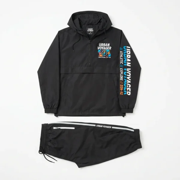 Black hooded windbreaker set with sleeve print