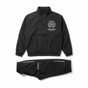 Black windbreaker set with embroidered crest