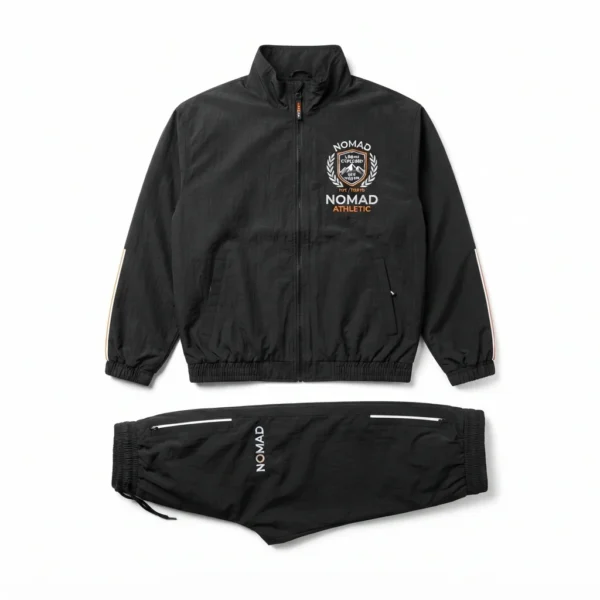 Black windbreaker set with embroidered crest