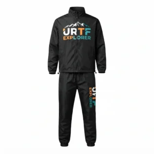 Black windbreaker set with explorer print