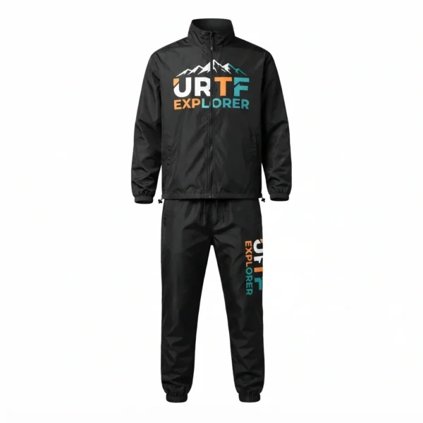 Custom Windbreaker Set – Black Explorer Print Black windbreaker set with explorer print