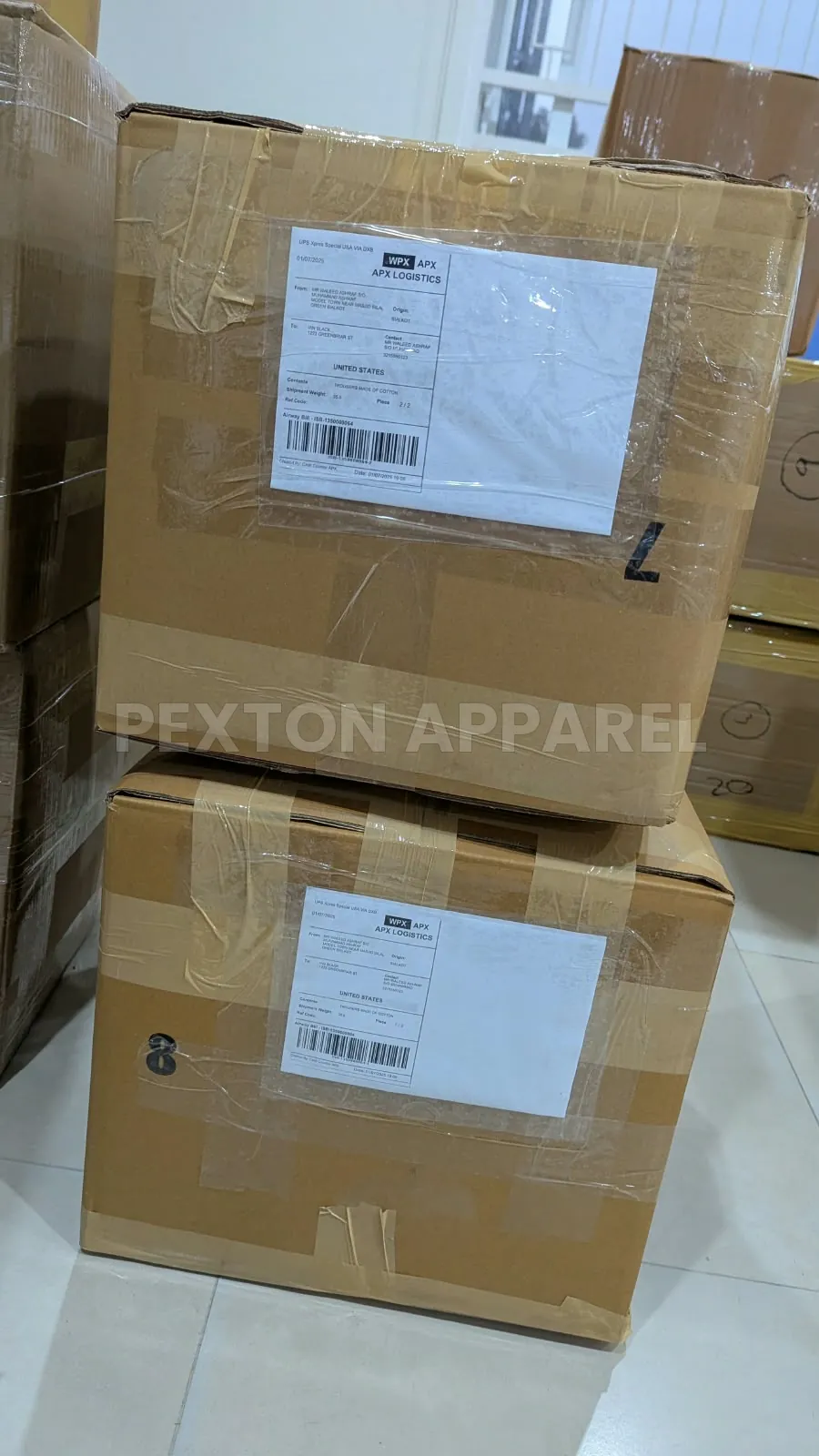 Export cartons labelled and ready for shipment at Pexton Apparel, Sialkot